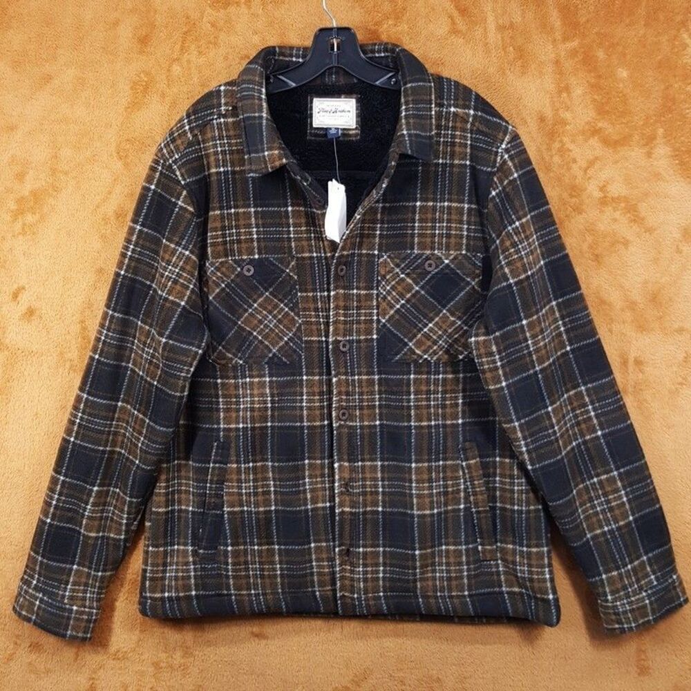 FLAG & ANTHEM Flannel Shirt Jacket Mens Medium Brown Plaid Sherpa MANSFIELD